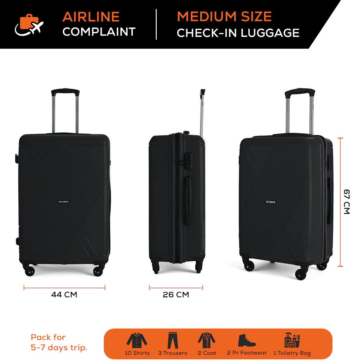 HRX Icon Polypropylene Hard Body Set of 2 Luggage 4 Wheels (Small 57cm | Medium 67cm) - Image 10