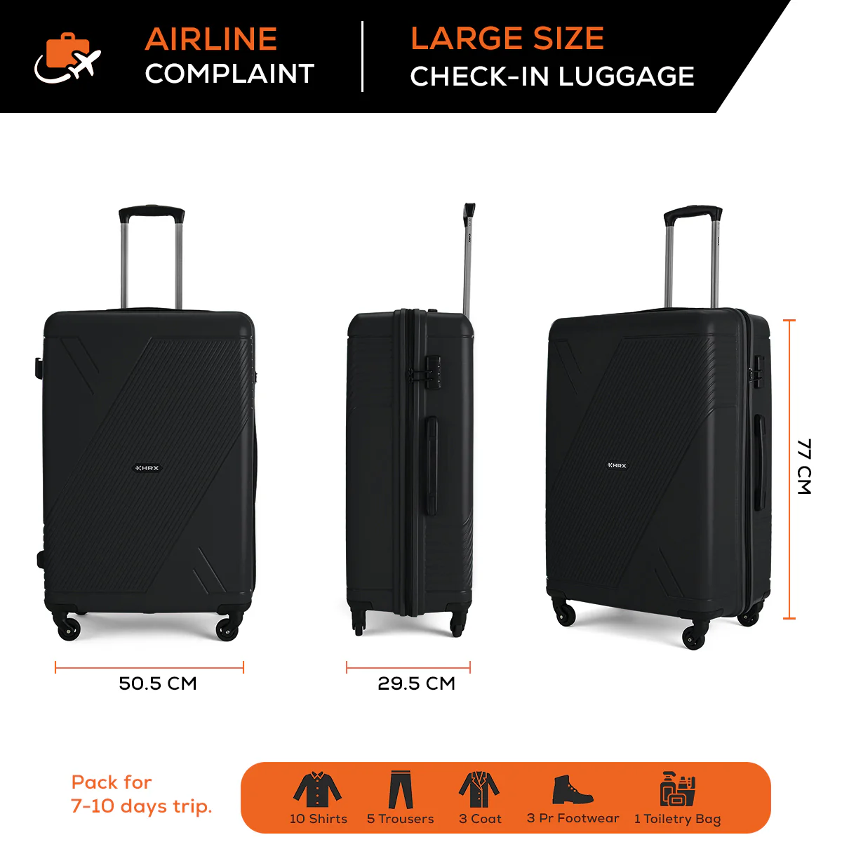 HRX Icon Polypropylene Hard Body Set of 3 Luggage 4 Wheels (Small 57cm | Medium 67cm | Large 76cm) - Image 10